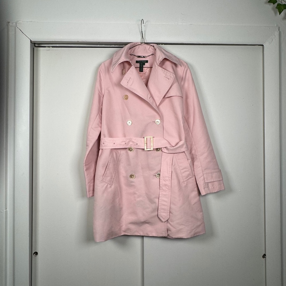 Lauren Ralph Lauren Pink Belted Long Line Trench Coat Double Breasted Womens S